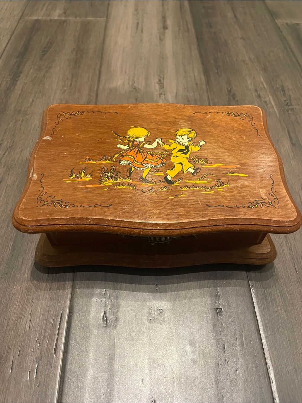 Vintage Sankyo Wooden Musical Jewelry Box Mirror Dancing Children Tested Works